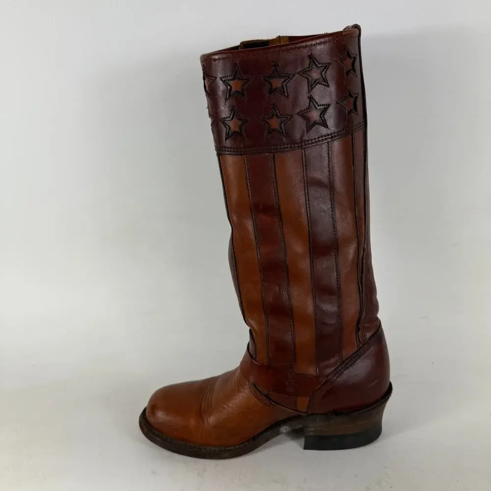 Frye Harness Americana Boots Women's 6 Brown Leather Stars & Strips Knee High